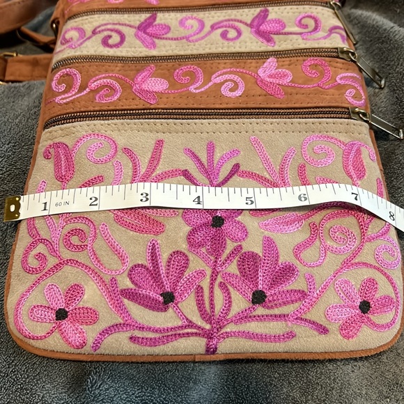 Boho Tan and Brown suede crossbody purse with magenta stitching that pops - Picture 3 of 8